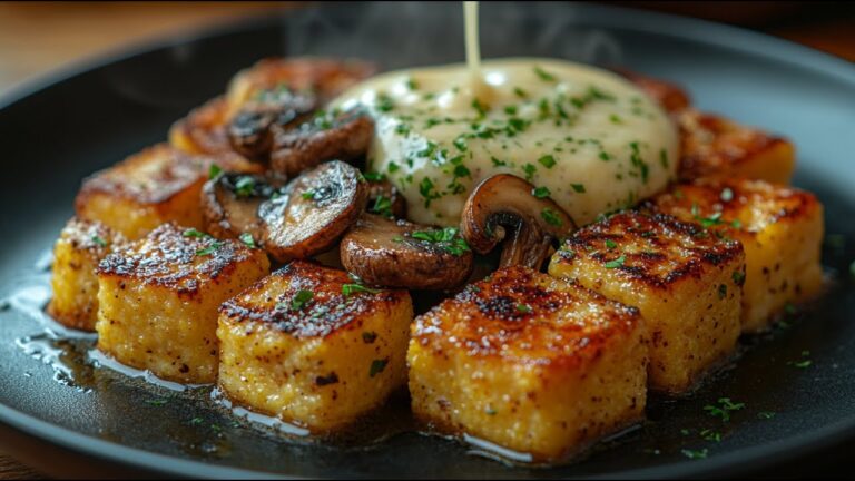 5 Schritte zu knuspriger veganer Polenta mit köstlichen Knoblauchchampignons